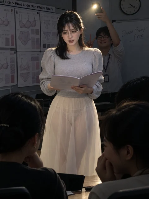A person in a pale long-sleeved outfit holds a sheet of paper while standing before a seated group in a dim room.