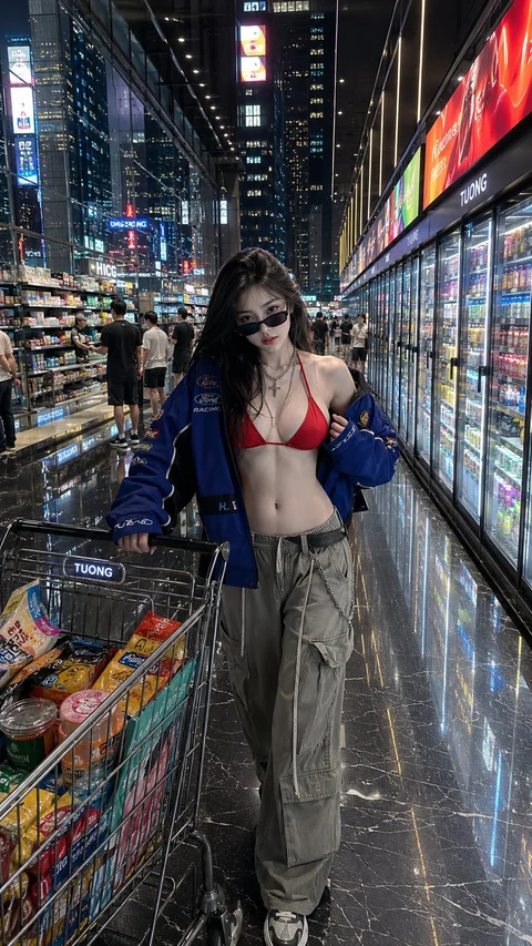 A woman in a red top, blue jacket and loose gray trousers pushes a cart beside illuminated refrigerators.