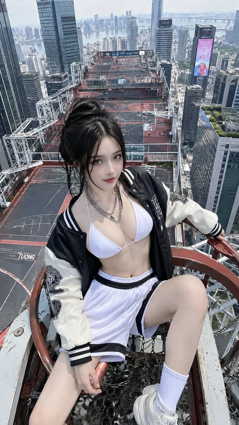 A person in a dark varsity jacket and white sportswear sits on a metal structure above dense city buildings.
