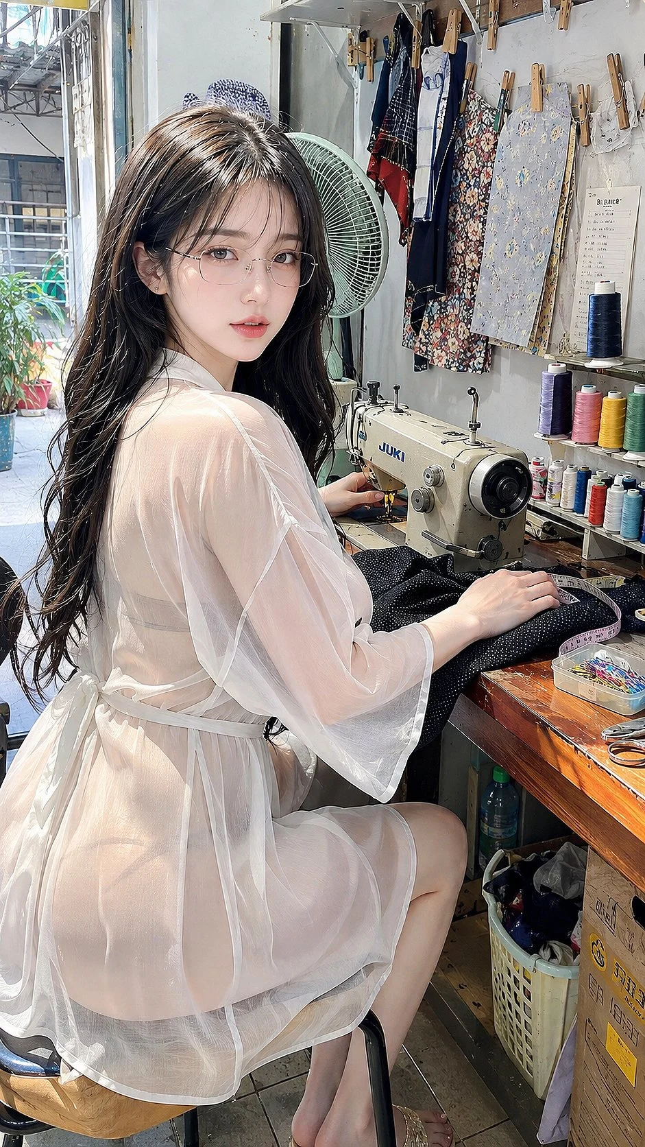 A person in a loose white shirt looks toward the camera while seated at a sewing machine beside shelves of colorful thread.