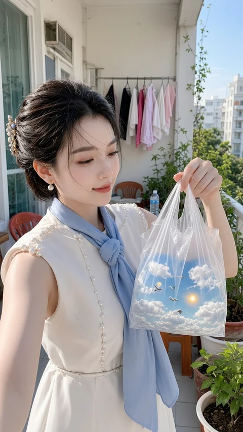 A woman with a pale blue neck scarf holds a clear bag containing small fish beside a sunny balcony.