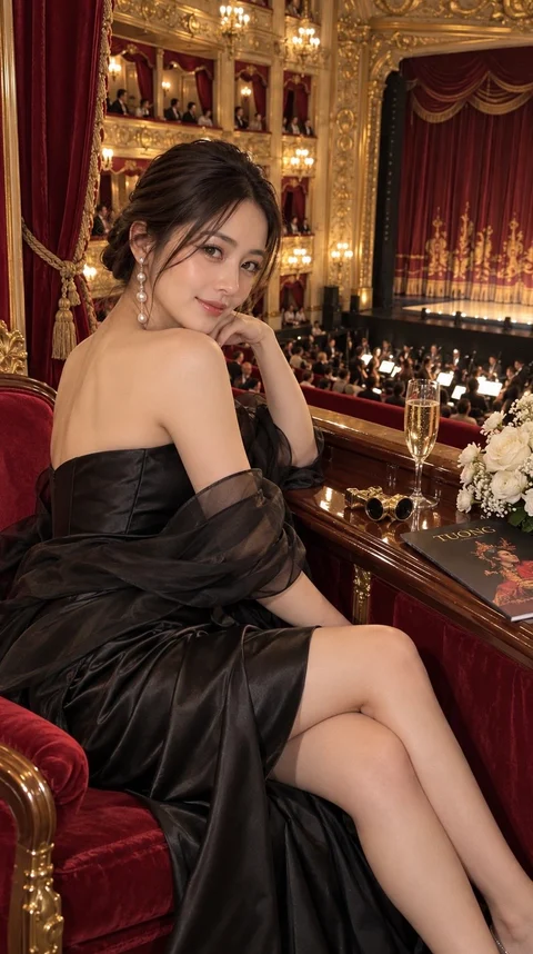 A woman in a black satin dress sits in a red theater box overlooking an ornate auditorium.