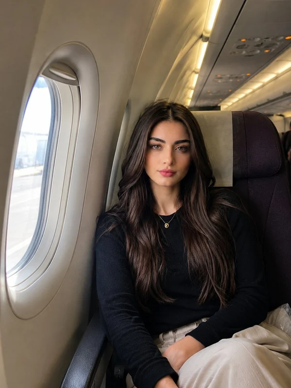 Black long-sleeve top and white trousers at an airplane window