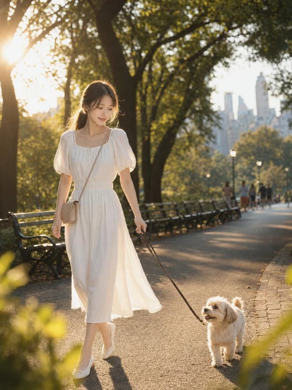 White midi dress walking a dog on a tree-lined park path at golden hour