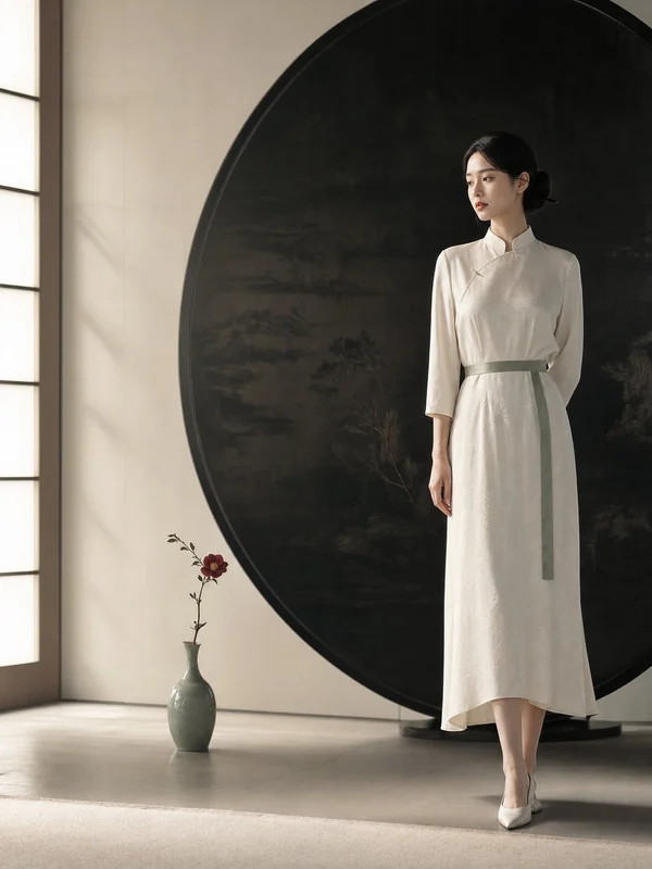 Full-length cream high-collar wrap dress and green sash beside a circular black screen and window